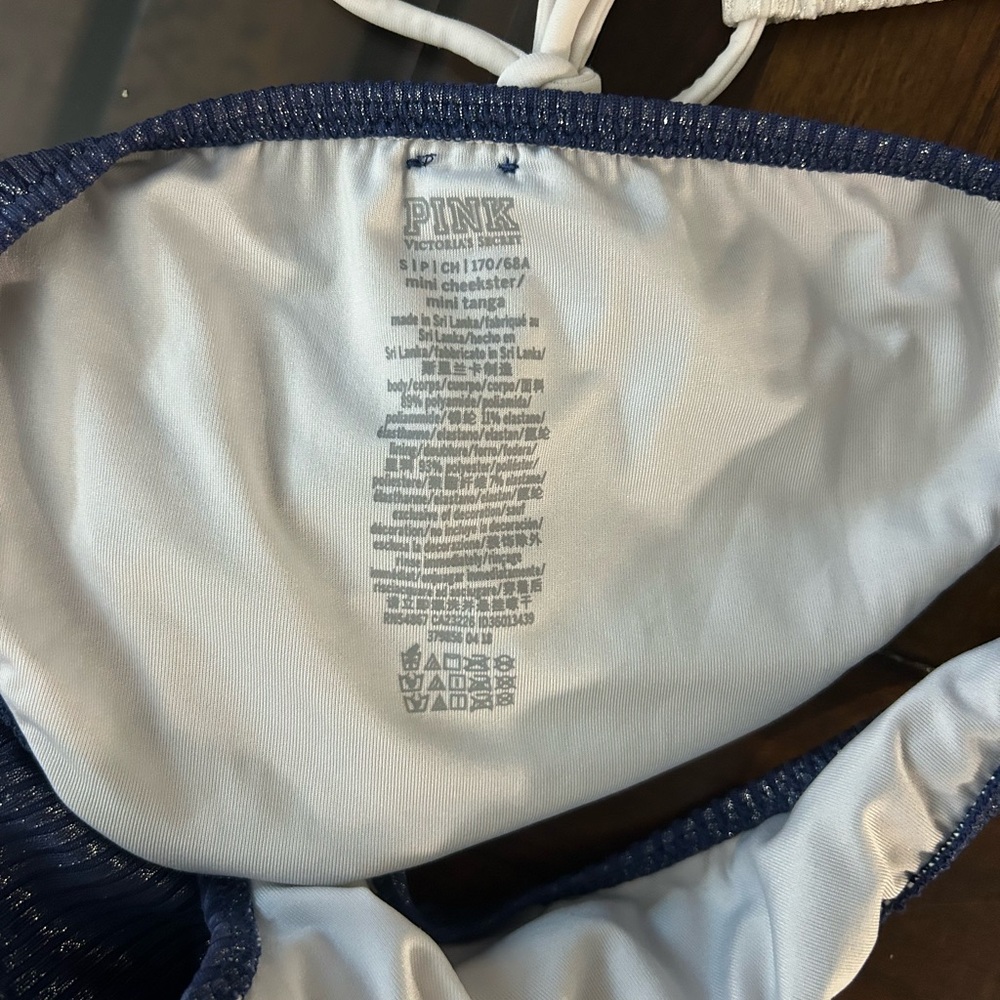 PINK Victoria's Secret White and Blue Bikini Set.  2 bottoms, 1 top. - Picture 9 of 11